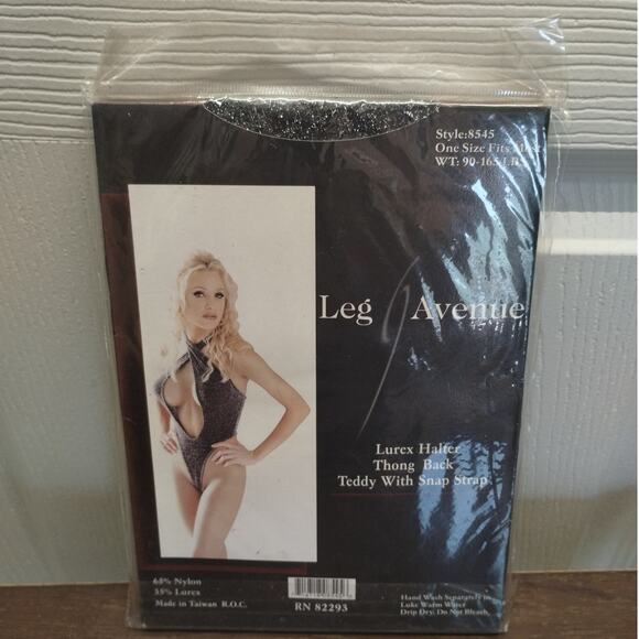 Leg Avenue One Size Fits Most (90-165 Lbs) Black Silver Lurex Halter Thong Teddy - Picture 2 of 2